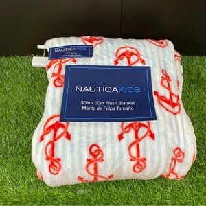 Nautica Kids Blue and White Striped Blanket with Red Anchors Plush Blanket